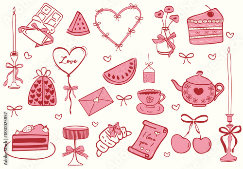 Coquette hand drawn set of romantic elements including cakes, candles, chocolate, and hearts. perfect for love, celebration, sweet food, greeting card design design, and anniversary projects.