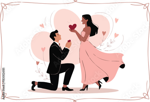 Man in tuxedo proposes to woman in pink dress holding heart proposal engagement