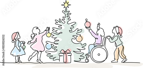Child in wheelchair decorates a Christmas tree together with friend.