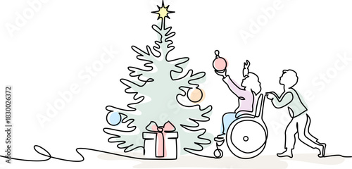 Child in wheelchair decorates a Christmas tree together with friend.