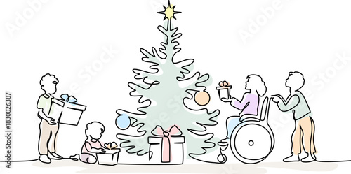 Vector illustration of a boy giving a present to a little disabled girl in a wheelchair.