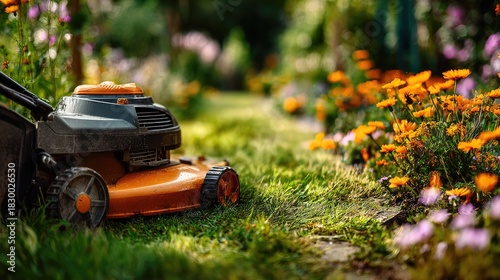 Fototapeta Naklejka Na Ścianę i Meble -  Lawn mower cutting fresh grass in bright summer garden with flowers