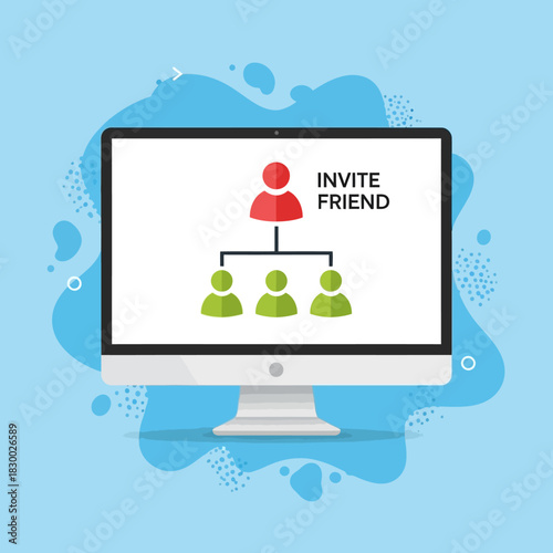 Computer screen displaying invite friend network diagram with connected user icons.
