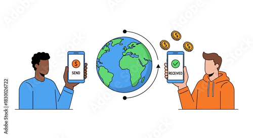 Global Money Transfer Illustration - Connecting People and Finances Worldwide.