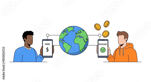 Global Money Transfer Illustration - Sending and Receiving Funds Worldwide.