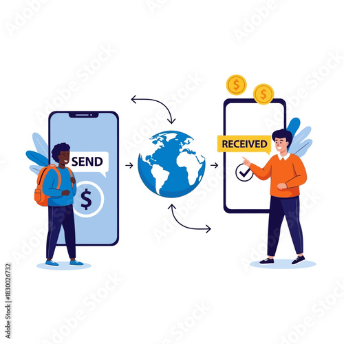 Global Money Transfer Illustration with Mobile Phones and People.