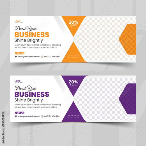 Two modern business banner templates with space for image and text promoting growth and shine brightly with discount offer