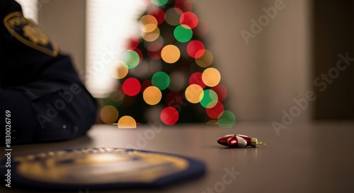 Police Officer's Uniform and Badge on a Table with a Christmas Ornament and Blurred Holiday Lights in the Background