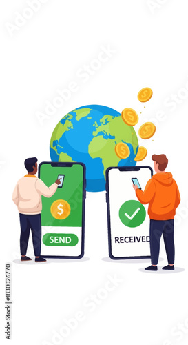Global Money Transfer via Mobile Phones with Earth Background.