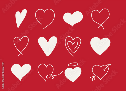 set of sketch pink hand draw heart, red doodle line icon heart, romance love elements for Valentine's Day, heart symbol design cards, poster, banner, pattern, advertisement	