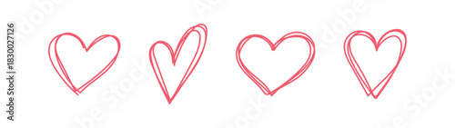 set of sketch pink hand draw heart, red doodle line icon heart, romance love elements for Valentine's Day, heart symbol design cards, poster, banner, pattern, advertisement	