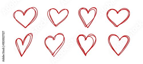 set of sketch pink hand draw heart, red doodle line icon heart, romance love elements for Valentine's Day, heart symbol design cards, poster, banner, pattern, advertisement	