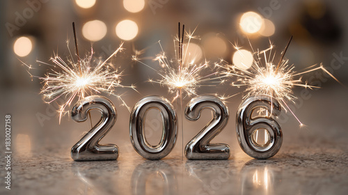 Shiny silver year numerals with sparklers celebrating the upcoming year two thousand and twenty six