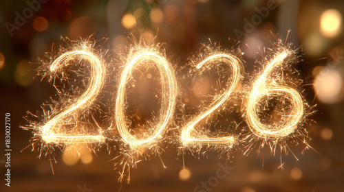 The year two thousand and twenty six written with sparklers on a blurred golden background image