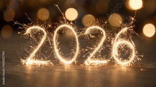 Sparkling year two thousand twenty six made of sparklers on a blurred background with bokeh lights