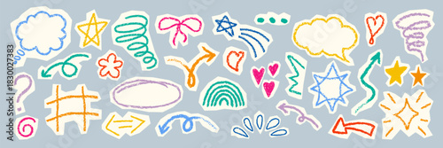 Playful torn paper doodle stickers. Cheerful hand drawn icon set. Decorative bright sketch accents for collage scrapbook design. Kids childish colorful fun symbols