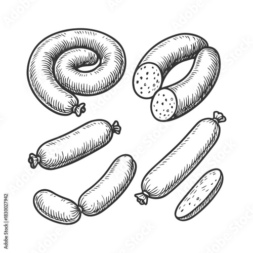 Doodle sausage sketch set, hand drawn food engraving.