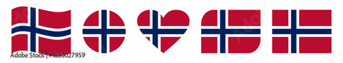 Set of Five Norway Flag Icons in Diverse Shapes Including Waving Banner, Circle, Heart Symbol, Vertical Emblem and Rectangular Design, Representing National Pride and Scandinavian Identity