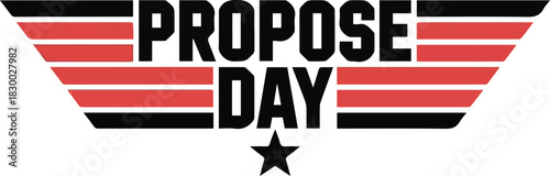 Propose Day text with wings and star graphic in black and red proposal love