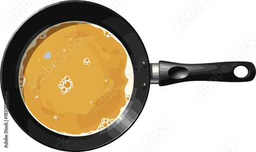Overhead View of Pancake or Crepe Batter Cooking in a Hot Non-Stick Frying Pan, Perfect for Breakfast and Home Cooking Concepts Vector Illustration.