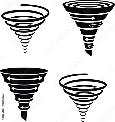 Black vortex swirl tornado funnel icon vector set for weather, disaster, water, and abstract spiral movement.