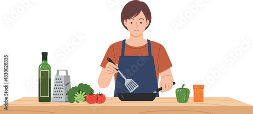 Young Person in Apron Cooking Healthy Meal, Stir-Frying Vegetables in a Pan on a Wooden Countertop, Emphasizing Homemade Food and Wellness Vector.