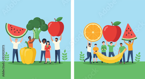 Diverse People Celebrating Healthy Eating, Holding Giant Fruits and Vegetables like Apple, Watermelon, and Banana for Nutrition and Wellness Concepts Vector.