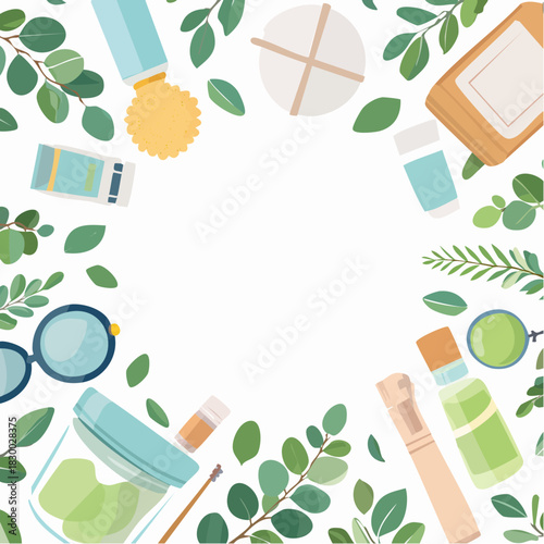 Spa Background. Natural/Organic spa cosmetics products, eco friendly bathroom accessories, eucalyptus leaves. Skincare concept on white background. Flat lay, top view