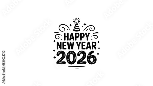 Happy new year 2026 festive typographic design with celebratory elements and a party hat illustration