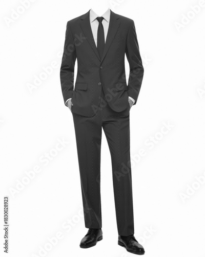 Full body view of a dark grey patterned suit with white shirt and black tie formal, halftone image.