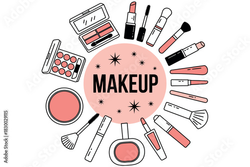 A collection of makeup products arranged in a circle around the word makeup