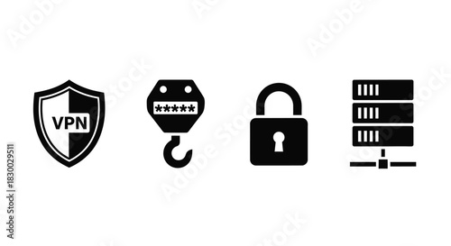 Security icons depicting vpn data protection lock and server elements