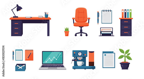 Minimalist office setup with desk chair computer and office supplies