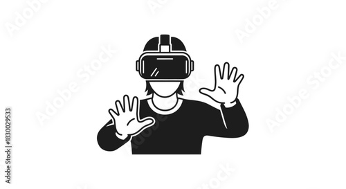 Person wearing a vr headset and protective helmet with hands outstretched