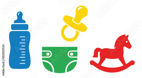 Colorful baby items including bottle pacifier diaper and rocking horse illustration