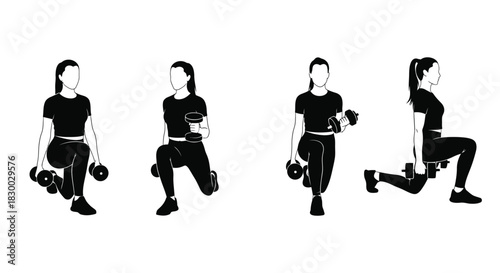 Woman demonstrating dumbbell lunges exercise progression in a fitness routine