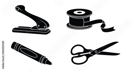 Stationery essentials hole punch ribbon crayon and scissors in black silhouette
