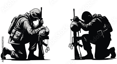 Silhouetted soldiers kneeling in prayer with rifles a somber depiction