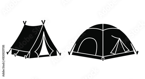Two black and white silhouettes of different tent designs are shown