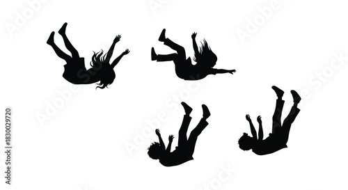Silhouettes of falling figures against a stark white background display motion