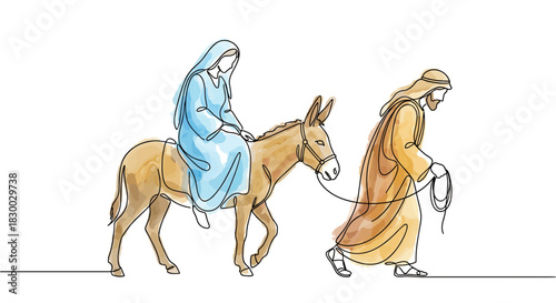 Virgin Mary and Joseph Journey to Bethlehem with Donkey. Nativity Scene Luke 2. Advent One Line Vector Watercolor