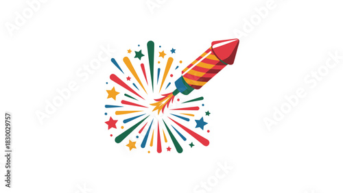 Colorful rocket firework exploding with stars and streaks of light against white background