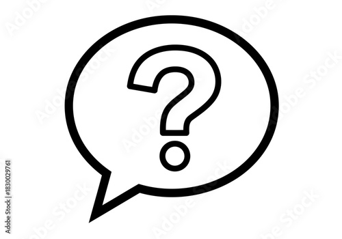 A simple outline illustration of a question mark inside a simple outlined speech bubble icon conveying uncertainty and inquiry in a simple graphic design