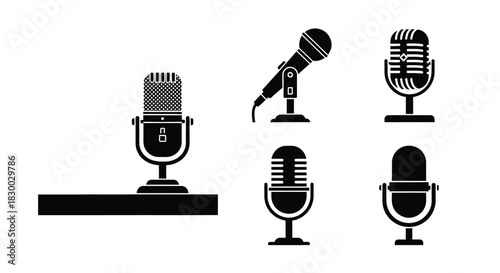 Collection of vintage and modern microphone designs in black silhouette style