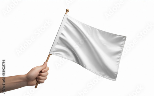 Hand holding a plain white flag on a wooden stick against a white background, halftone image.