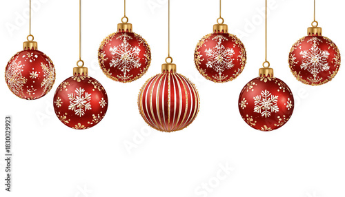 Red Christmas Ornaments with Snowflakes isolated on a transparent background