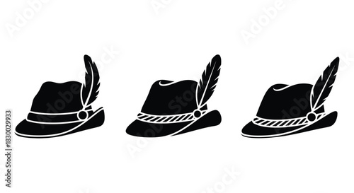 A simple black and white illustration of three feathered hats arranged