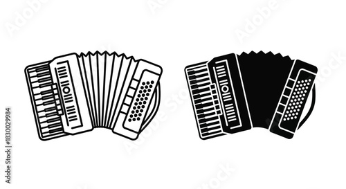 Two monochrome illustrations depicting traditional musical accordions side by side