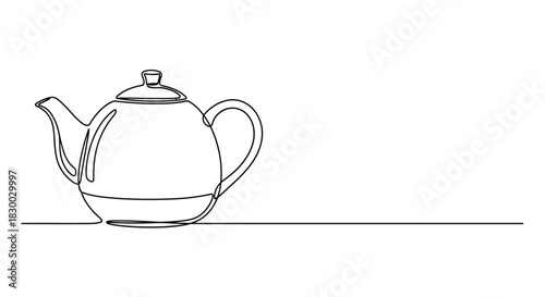 Minimalist continuous line drawing of a traditional teapot and saucer