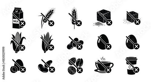 Black and white icons representing various food items with restriction signs